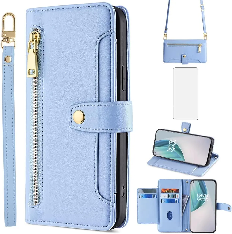 Asuwish Phone Case for OnePlus Nord N10 5G Wallet Cover and Screen Protector Zipper Credit Card Holder Slot Kickstand Flip Cell Accessories One Plus N 10 G5 1 Plus 10N 1plus One  N105G Women Men Blue
