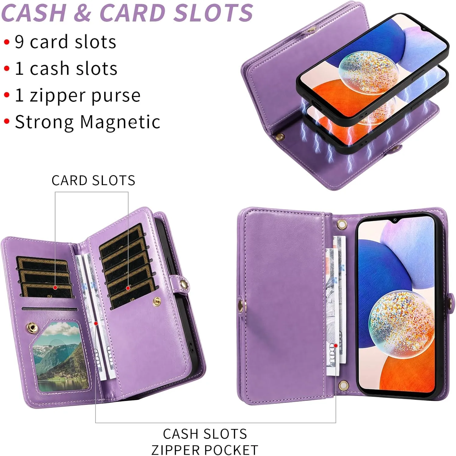 Asuwish Phone Case for Samsung Galaxy A14/M14 5G Zipper Wallet Magnetic Detachable Cell Cover with Tempered Glass Screen Protector Crossbody Strap Flower Card Holder A 14 4G 14A 14M G5 Women Purple