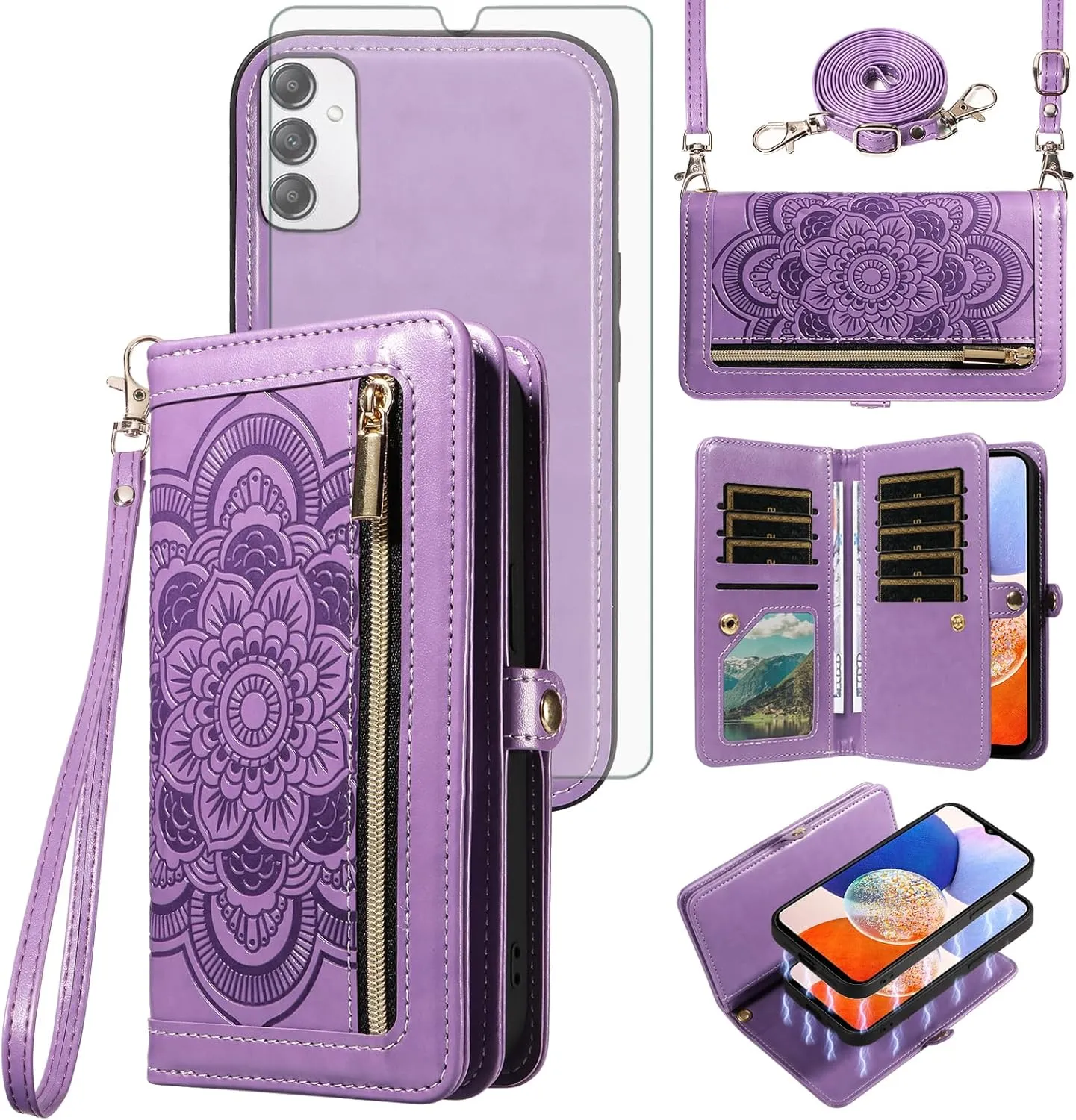 Asuwish Phone Case for Samsung Galaxy A14/M14 5G Zipper Wallet Magnetic Detachable Cell Cover with Tempered Glass Screen Protector Crossbody Strap Flower Card Holder A 14 4G 14A 14M G5 Women Purple