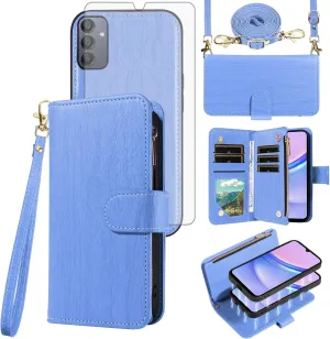 Asuwish Phone Case for Samsung Galaxy A15 5G/4G Zipper Wallet Magnetic Detachable Cell Cover with Tempered Glass Screen Protector Crossbody Lanyard Strap Retro Card Holder A 15 G5 15A Women Girls Blue