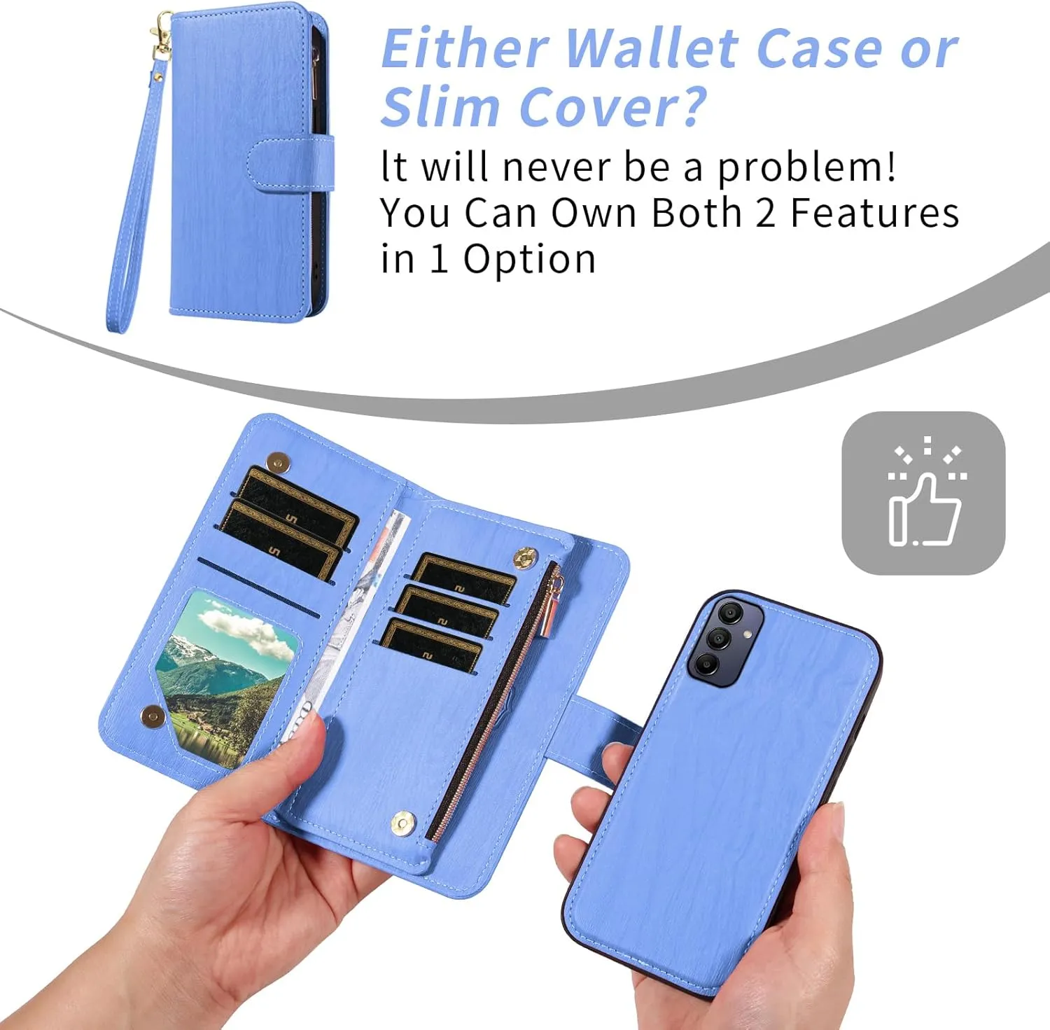 Asuwish Phone Case for Samsung Galaxy A15 5G/4G Zipper Wallet Magnetic Detachable Cell Cover with Tempered Glass Screen Protector Crossbody Lanyard Strap Retro Card Holder A 15 G5 15A Women Girls Blue