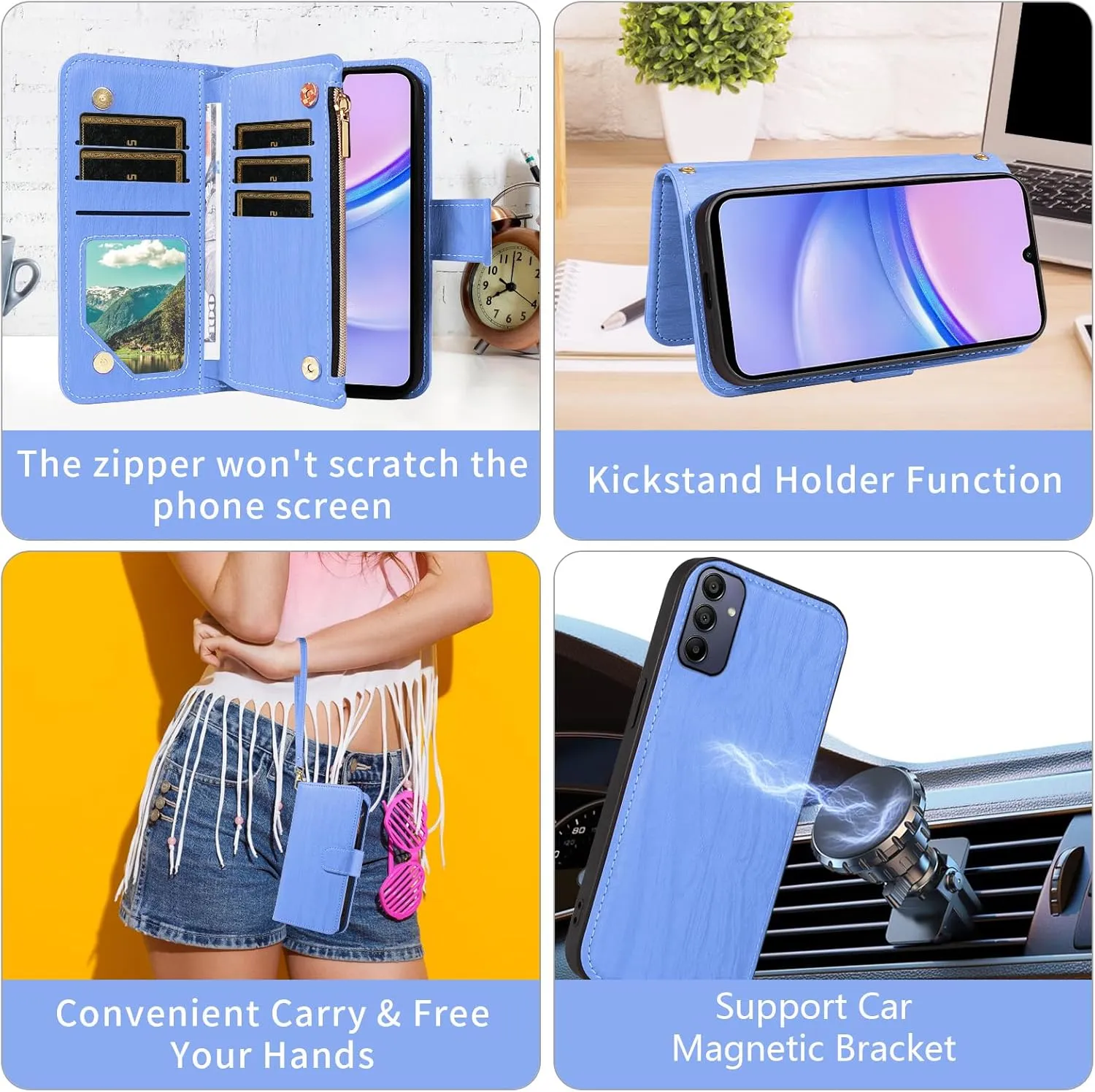 Asuwish Phone Case for Samsung Galaxy A15 5G/4G Zipper Wallet Magnetic Detachable Cell Cover with Tempered Glass Screen Protector Crossbody Lanyard Strap Retro Card Holder A 15 G5 15A Women Girls Blue
