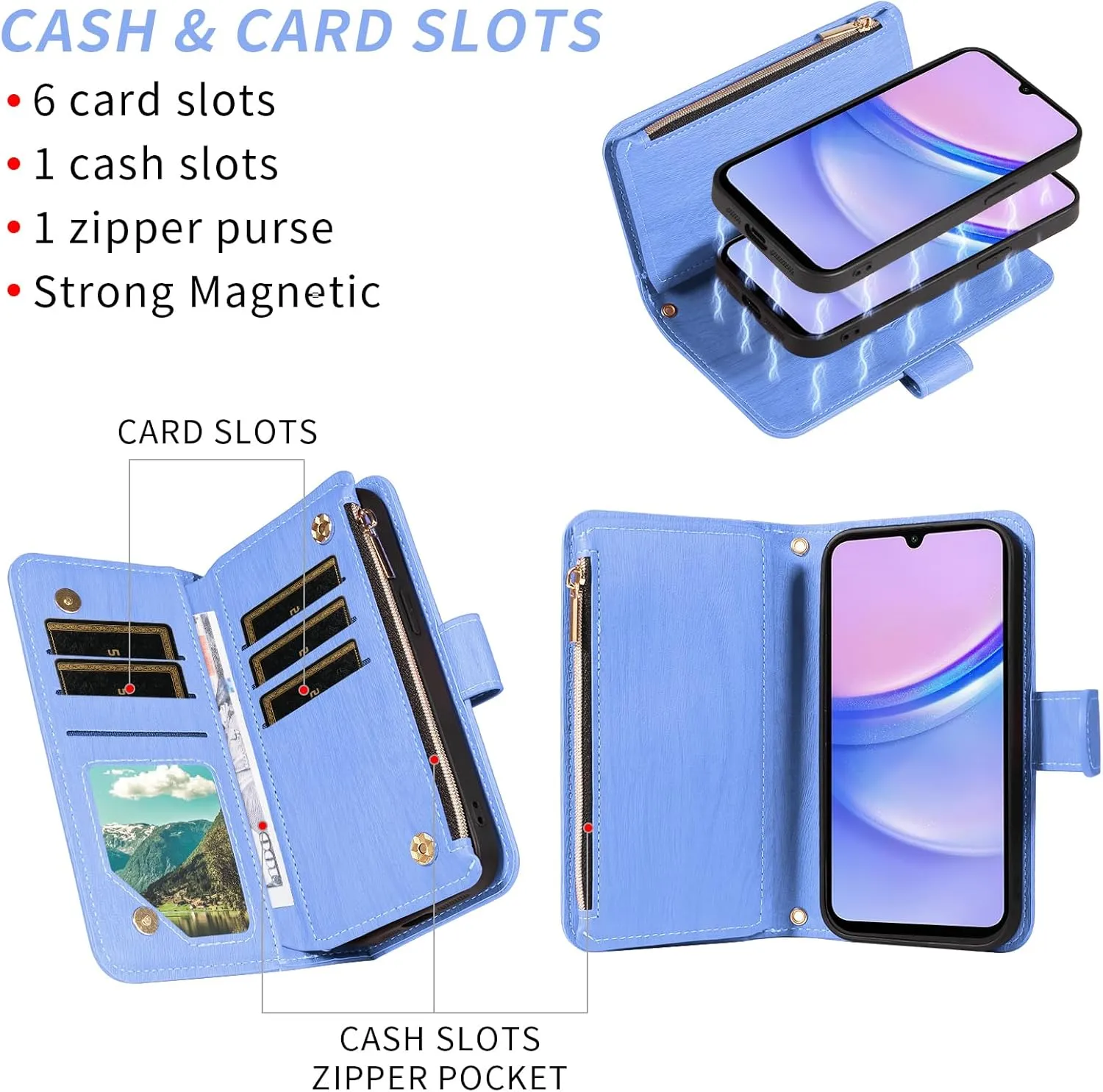 Asuwish Phone Case for Samsung Galaxy A15 5G/4G Zipper Wallet Magnetic Detachable Cell Cover with Tempered Glass Screen Protector Crossbody Lanyard Strap Retro Card Holder A 15 G5 15A Women Girls Blue