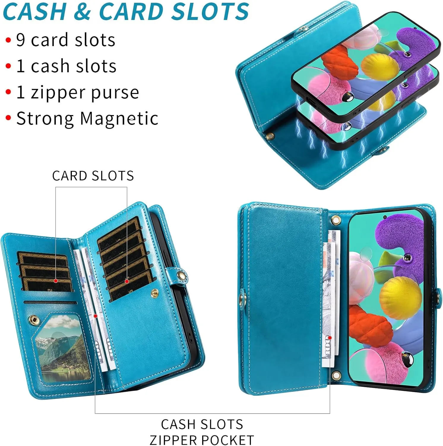 Asuwish Phone Case for Samsung Galaxy A51 4G Zipper Wallet Magnetic Detachable Cell Cover with Tempered Glass Screen Protector Crossbody Strap Flower Card Holder A 51 M40S 51A A515F S51 Women Men Blue