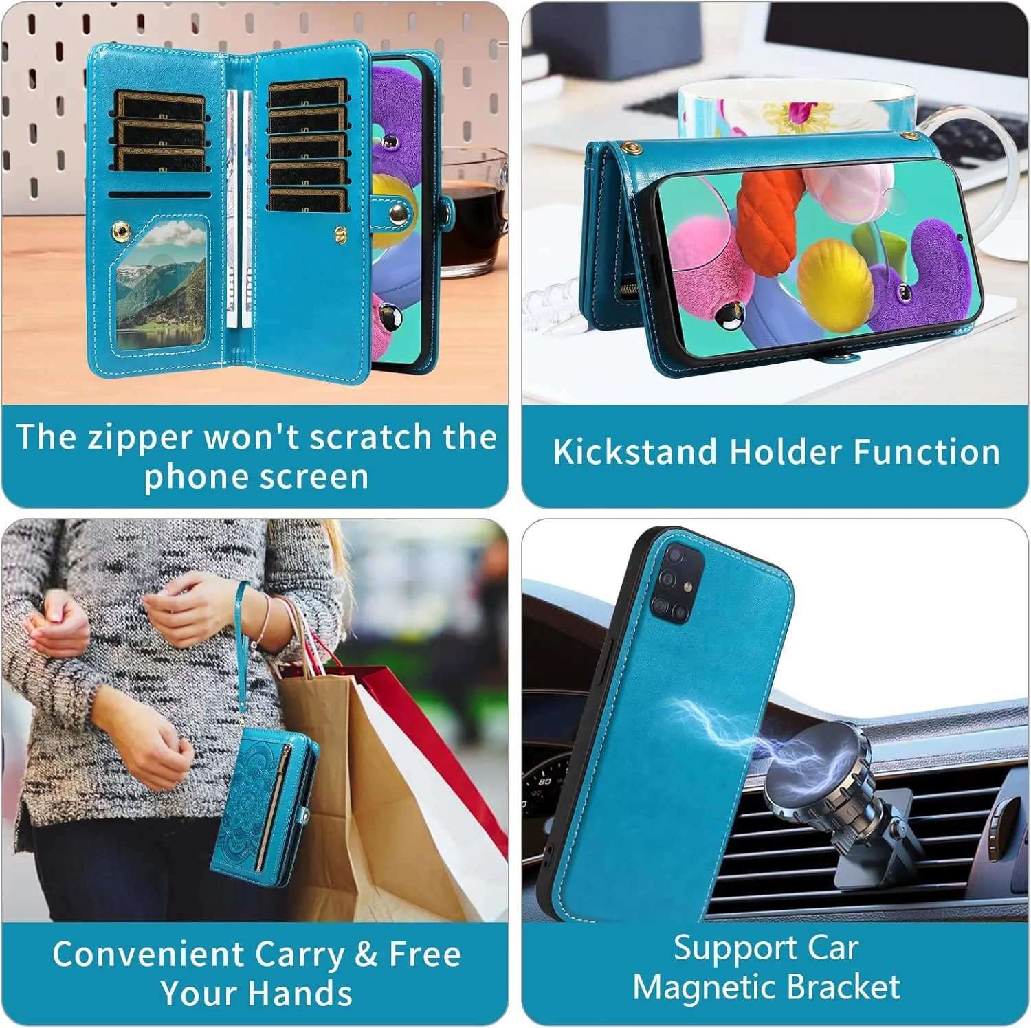 Asuwish Phone Case for Samsung Galaxy A51 4G Zipper Wallet Magnetic Detachable Cell Cover with Tempered Glass Screen Protector Crossbody Strap Flower Card Holder A 51 M40S 51A A515F S51 Women Men Blue