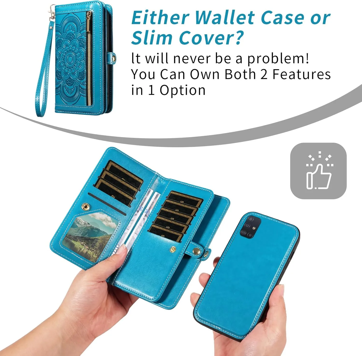 Asuwish Phone Case for Samsung Galaxy A51 4G Zipper Wallet Magnetic Detachable Cell Cover with Tempered Glass Screen Protector Crossbody Strap Flower Card Holder A 51 M40S 51A A515F S51 Women Men Blue