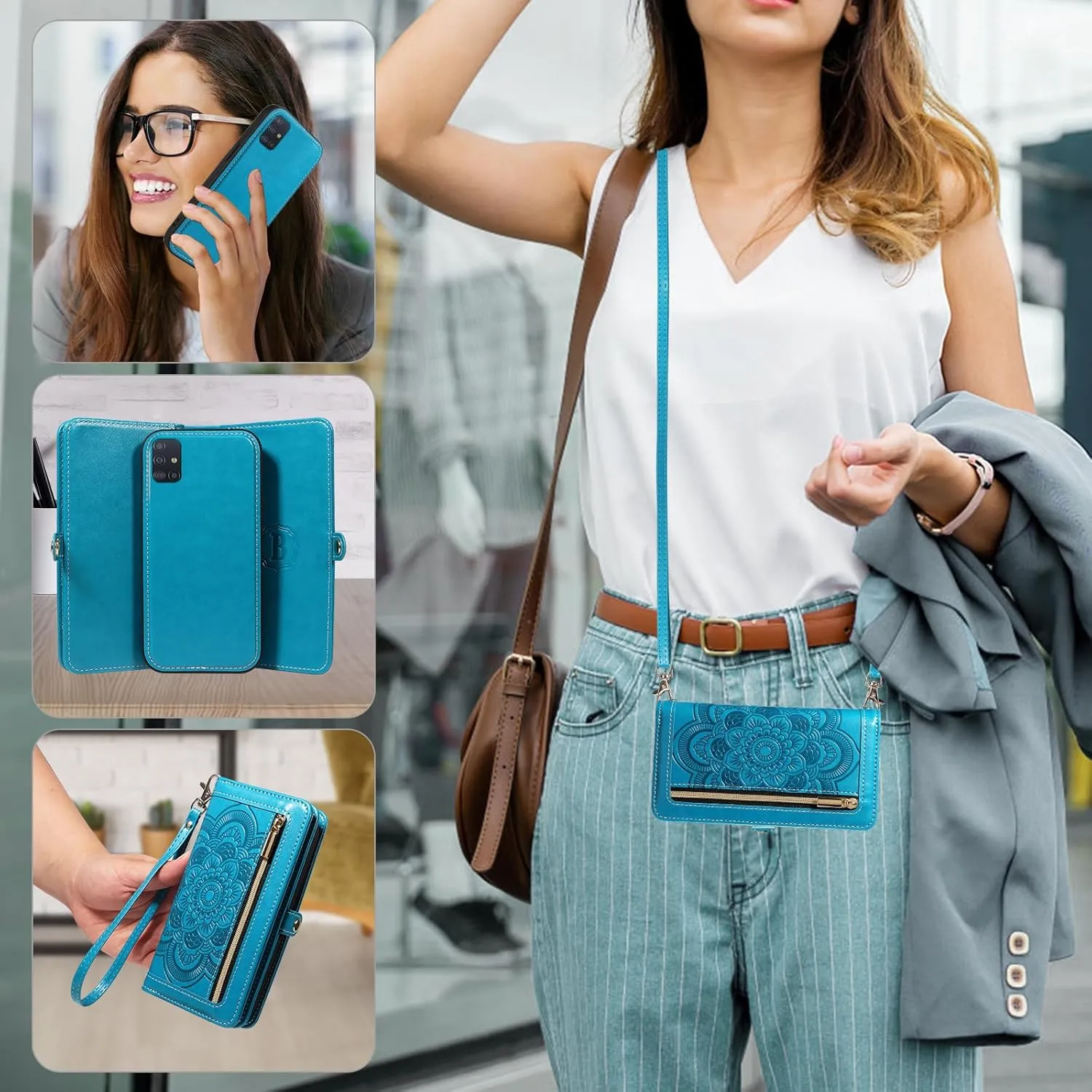 Asuwish Phone Case for Samsung Galaxy A51 4G Zipper Wallet Magnetic Detachable Cell Cover with Tempered Glass Screen Protector Crossbody Strap Flower Card Holder A 51 M40S 51A A515F S51 Women Men Blue