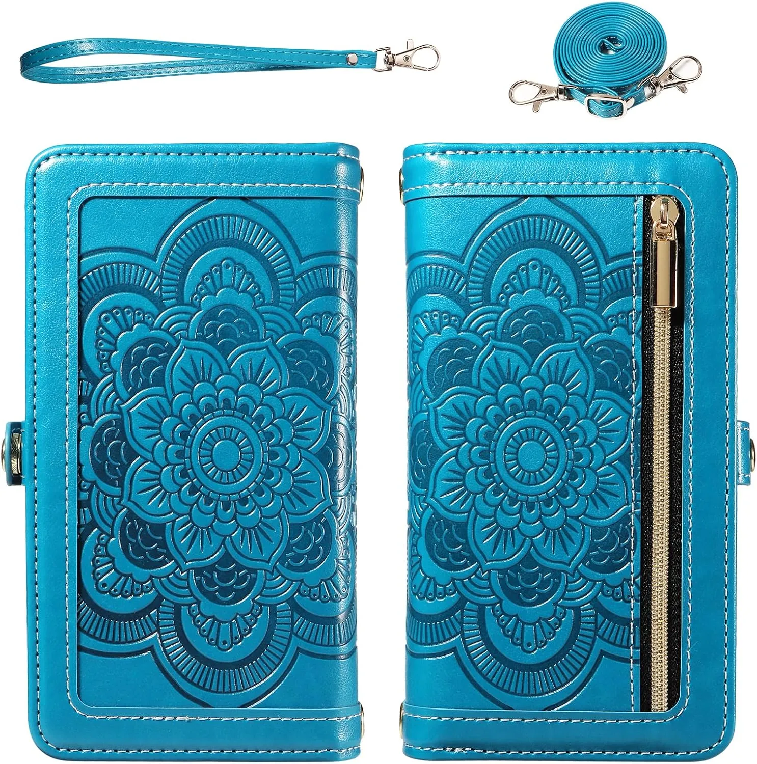 Asuwish Phone Case for Samsung Galaxy A51 4G Zipper Wallet Magnetic Detachable Cell Cover with Tempered Glass Screen Protector Crossbody Strap Flower Card Holder A 51 M40S 51A A515F S51 Women Men Blue