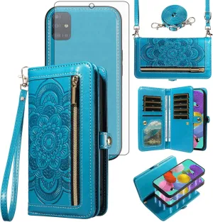 Asuwish Phone Case for Samsung Galaxy A51 4G Zipper Wallet Magnetic Detachable Cell Cover with Tempered Glass Screen Protector Crossbody Strap Flower Card Holder A 51 M40S 51A A515F S51 Women Men Blue