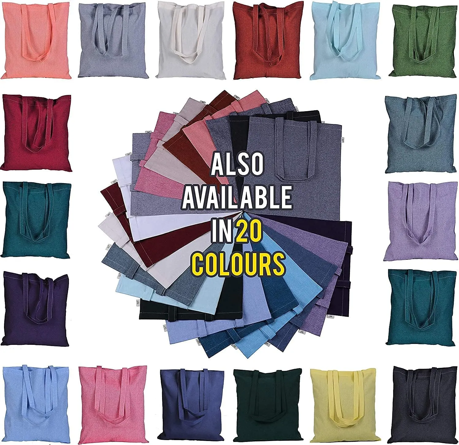 Atmos Green 20 pack 15 X 16 inch with long handle ASSORTED Colors 5.5 oz Recycled cotton canvas reusable grocery bags eco friendly super strong MADE in INDIA