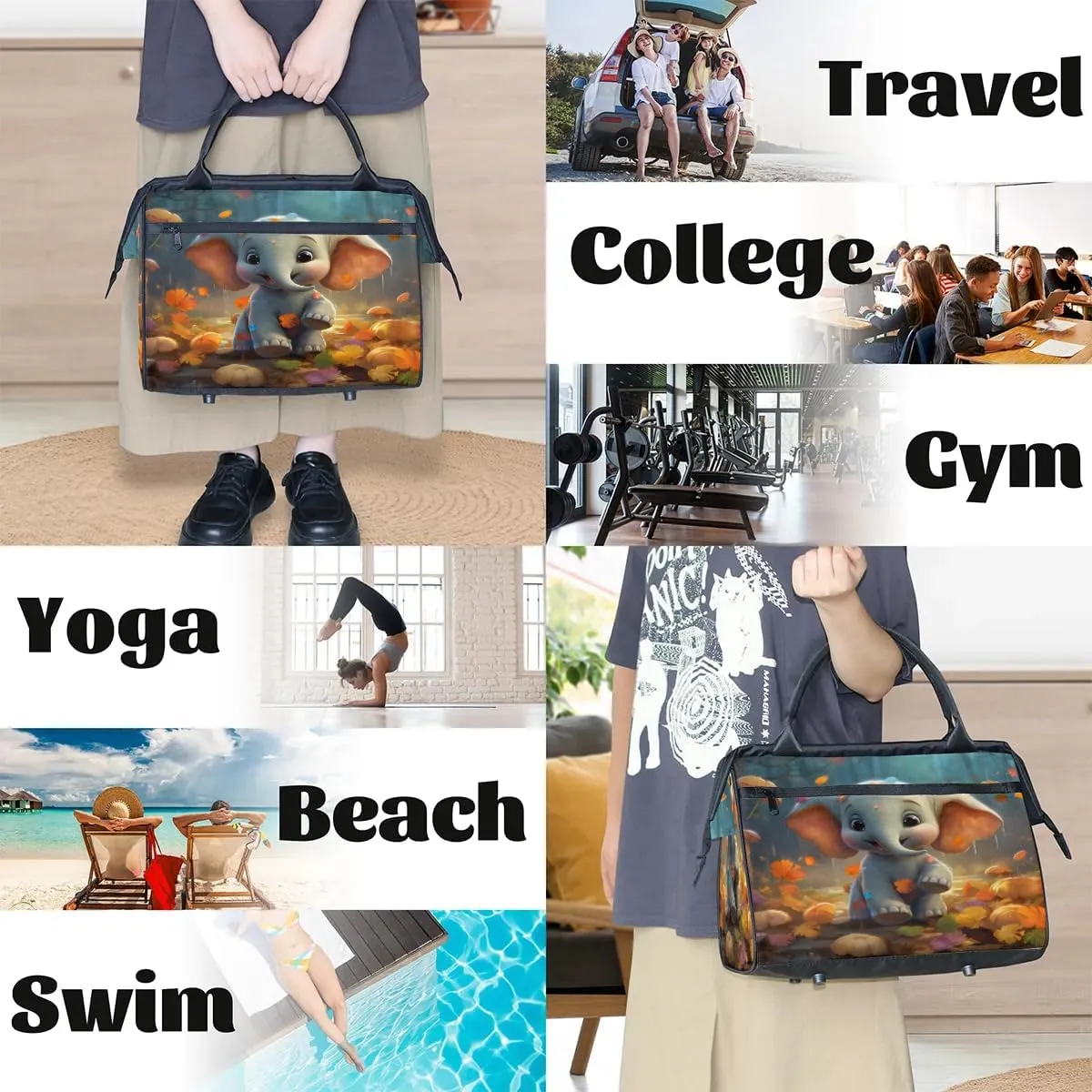 Autumns Leaves Cute Elephant Travel Duffle Bag, Waterproof Duffel Bag Weekender Overnight Carry On Bag Lightweight Sport Gym Bag for Men Women