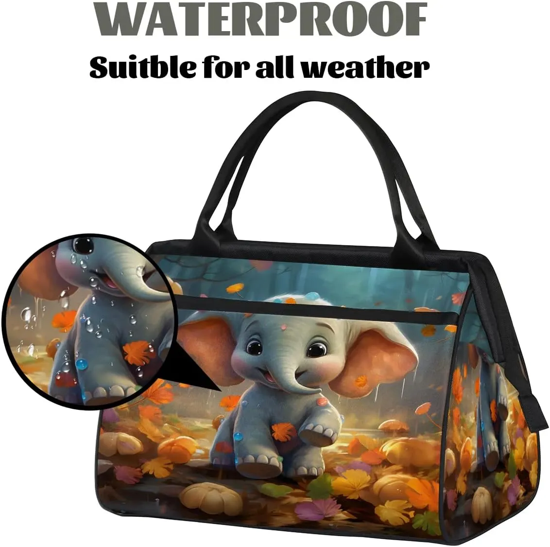 Autumns Leaves Cute Elephant Travel Duffle Bag, Waterproof Duffel Bag Weekender Overnight Carry On Bag Lightweight Sport Gym Bag for Men Women