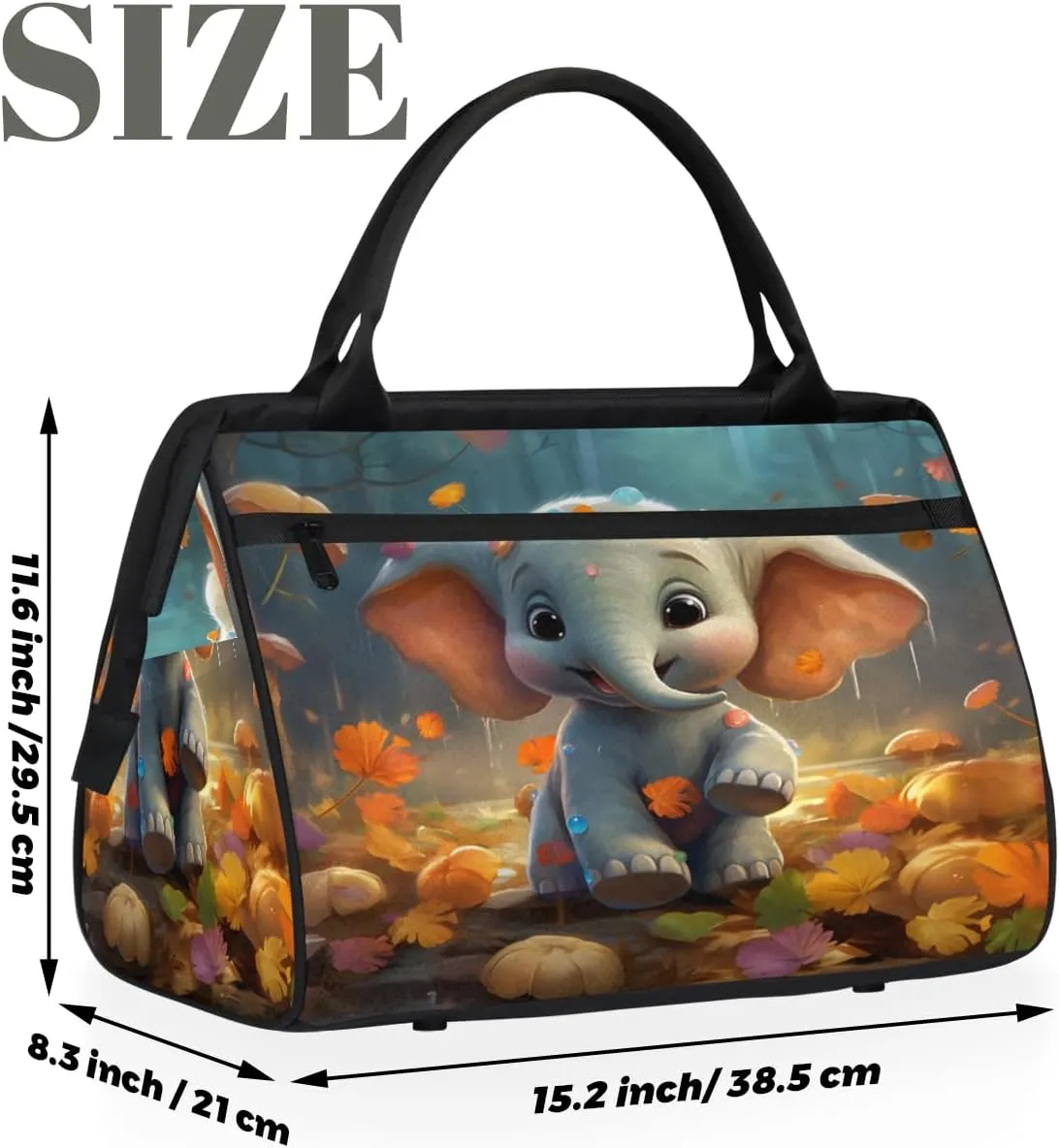 Autumns Leaves Cute Elephant Travel Duffle Bag, Waterproof Duffel Bag Weekender Overnight Carry On Bag Lightweight Sport Gym Bag for Men Women
