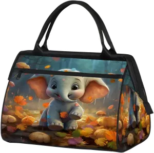 Autumns Leaves Cute Elephant Travel Duffle Bag, Waterproof Duffel Bag Weekender Overnight Carry On Bag Lightweight Sport Gym Bag for Men Women