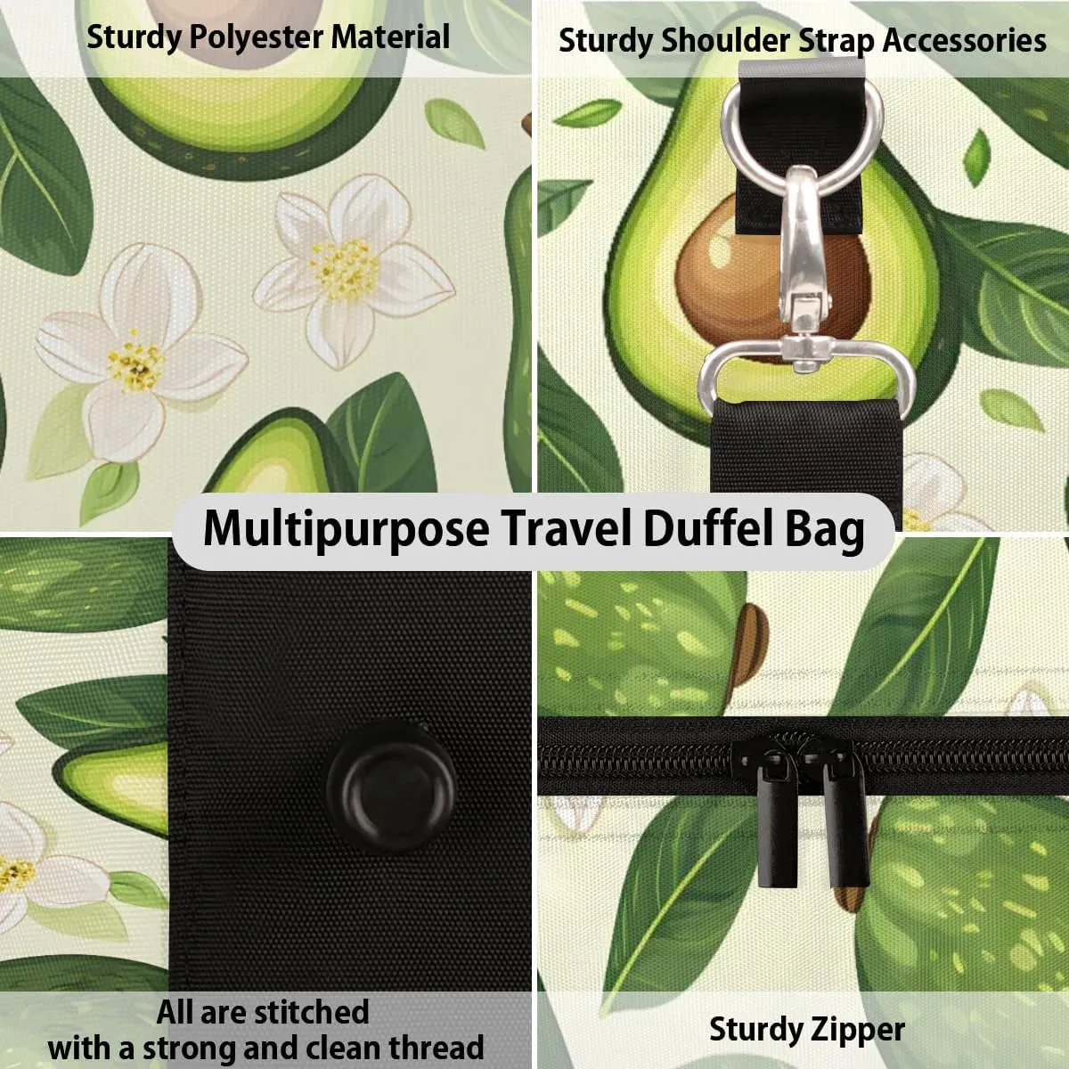 Avocado Themed Foldable Lightweight Duffle Bag for Travel - Waterproof Carry On Bags for Airplanes, Travel Duffel Bags for Gym, Weekend