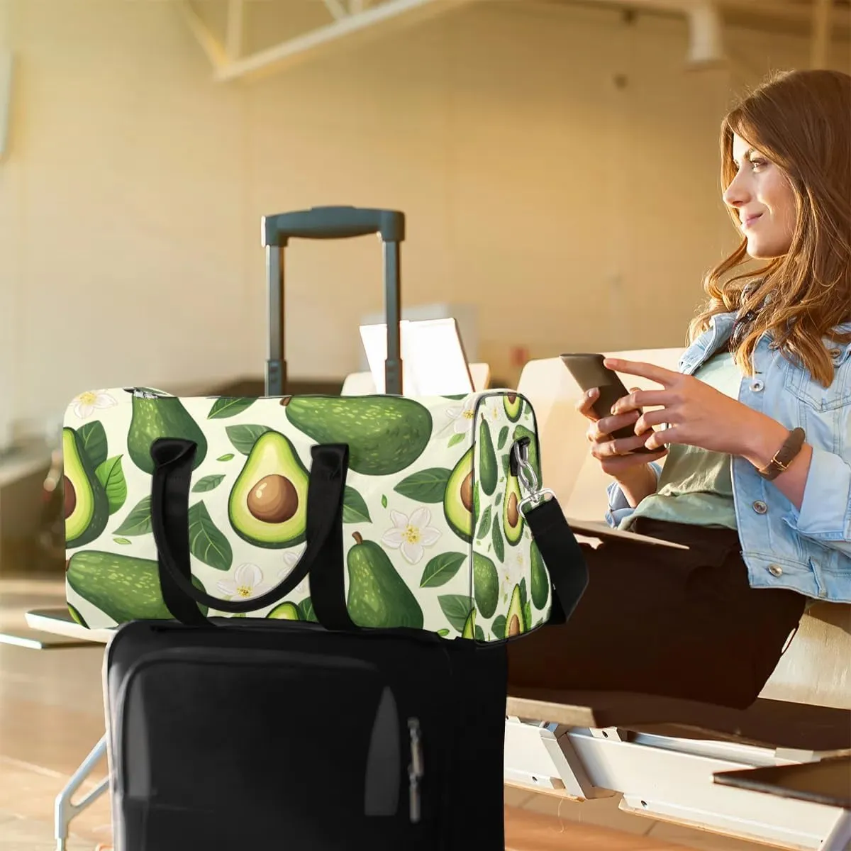 Avocado Themed Foldable Lightweight Duffle Bag for Travel - Waterproof Carry On Bags for Airplanes, Travel Duffel Bags for Gym, Weekend