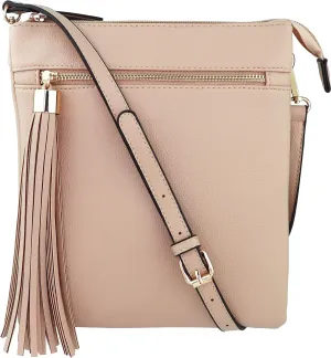 B BRENTANO Vegan Double-Zip Pocket Crossbody Handbag Purse wih Big Tassel Accent