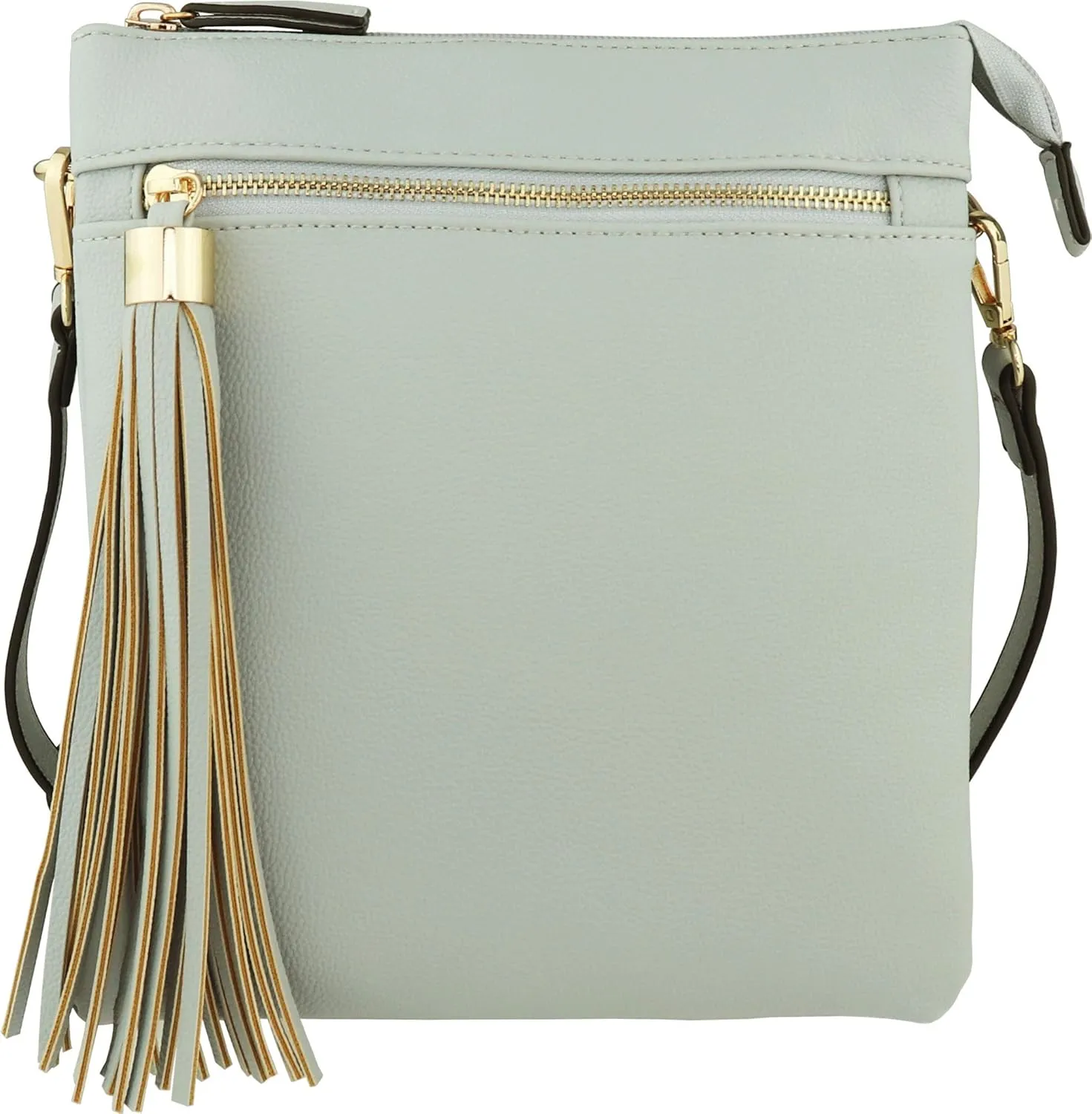 B BRENTANO Vegan Double-Zip Pocket Crossbody Handbag Purse wih Big Tassel Accent