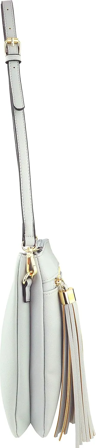 B BRENTANO Vegan Double-Zip Pocket Crossbody Handbag Purse wih Big Tassel Accent
