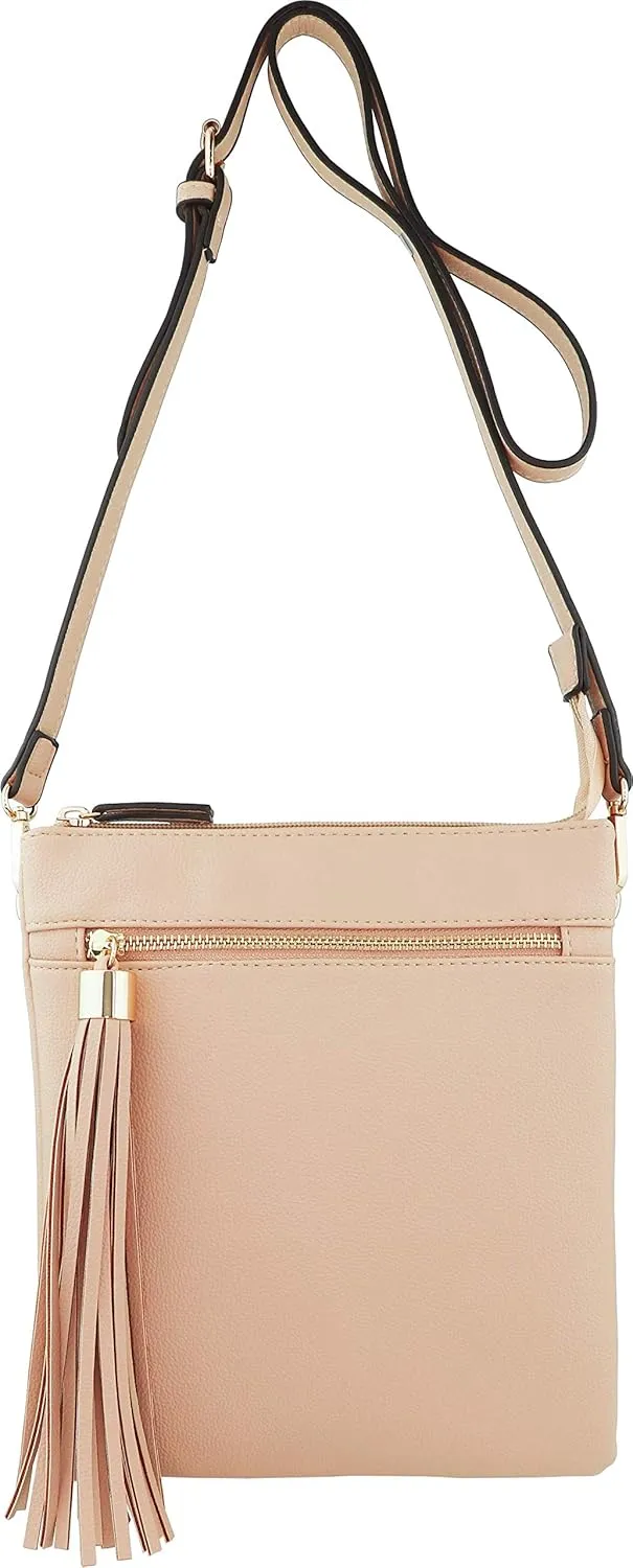 B BRENTANO Vegan Double-Zip Pocket Crossbody Handbag Purse wih Big Tassel Accent