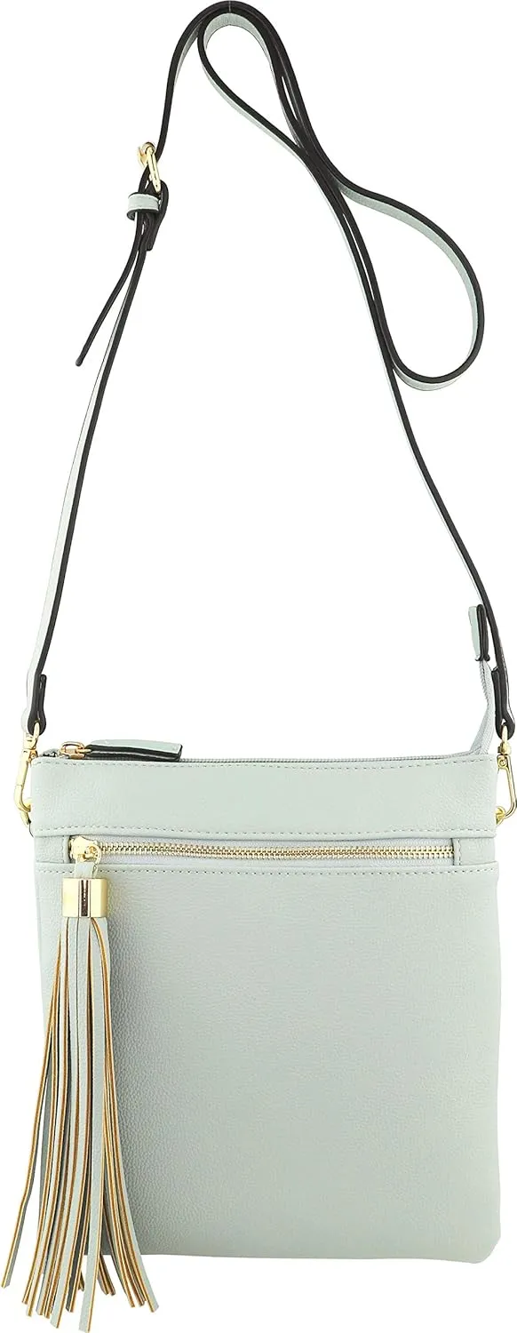 B BRENTANO Vegan Double-Zip Pocket Crossbody Handbag Purse wih Big Tassel Accent