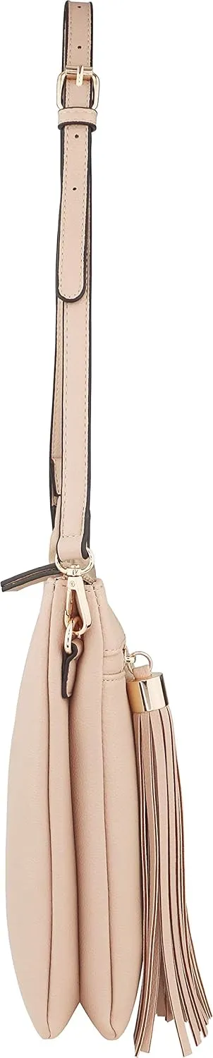 B BRENTANO Vegan Double-Zip Pocket Crossbody Handbag Purse wih Big Tassel Accent