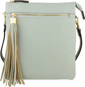 B BRENTANO Vegan Double-Zip Pocket Crossbody Handbag Purse wih Big Tassel Accent
