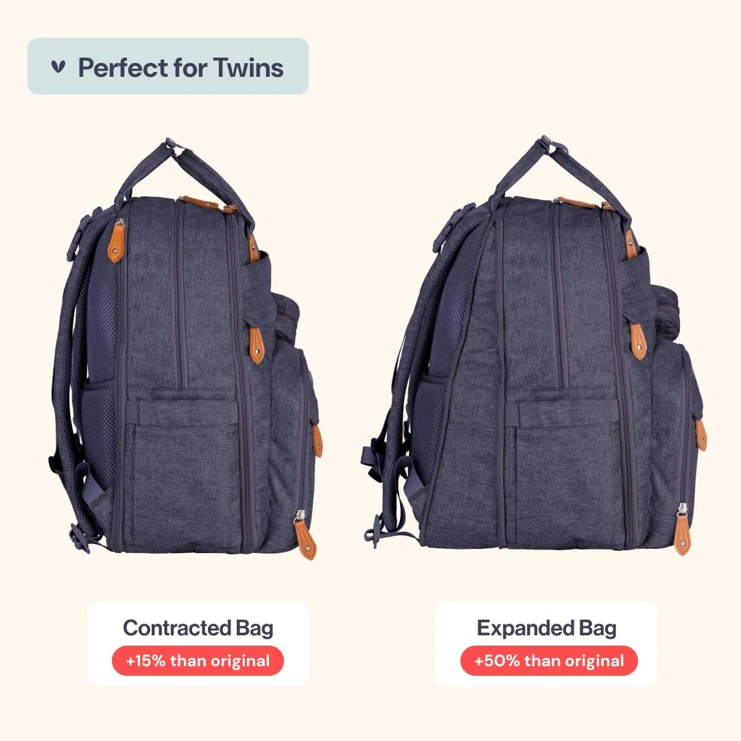 BabbleRoo Extra Large Diaper Bag Backpack, Expandable Baby Bag with Up to 50% More Capacity - Travel Essentials Baby Bag Tote with Changing Pad, Stroller Straps & Pacifier Case - Unisex, Denim Blue