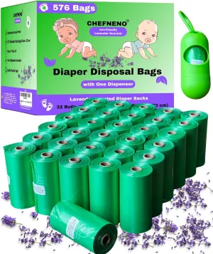 Baby Diaper Bag Disposable (576 Sacks) Biodegradable Lavender Scented 32 Refill Rolls with Dispenser Diaper Sack Disposable Dog Poop Cat Litter Poop Bags Sanitary Pad Waste Bags (Scented, 576 Bags)
