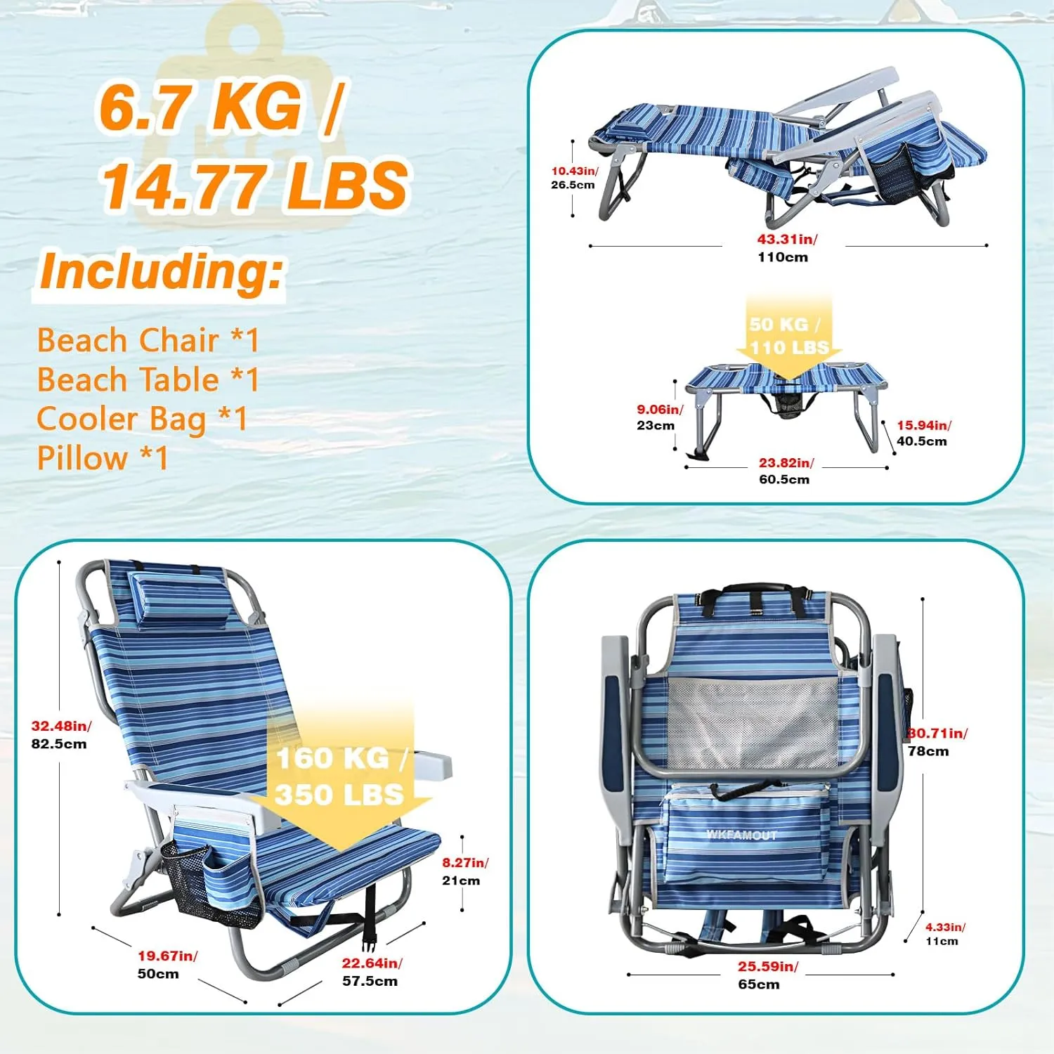 Backpack Folding Beach Chairs for Adults Heavy Duty 350Ibs with Camping Table Portable Lay Flat Beach Chair 5-Position Adjustable with Cooler Bag and Cup Holder