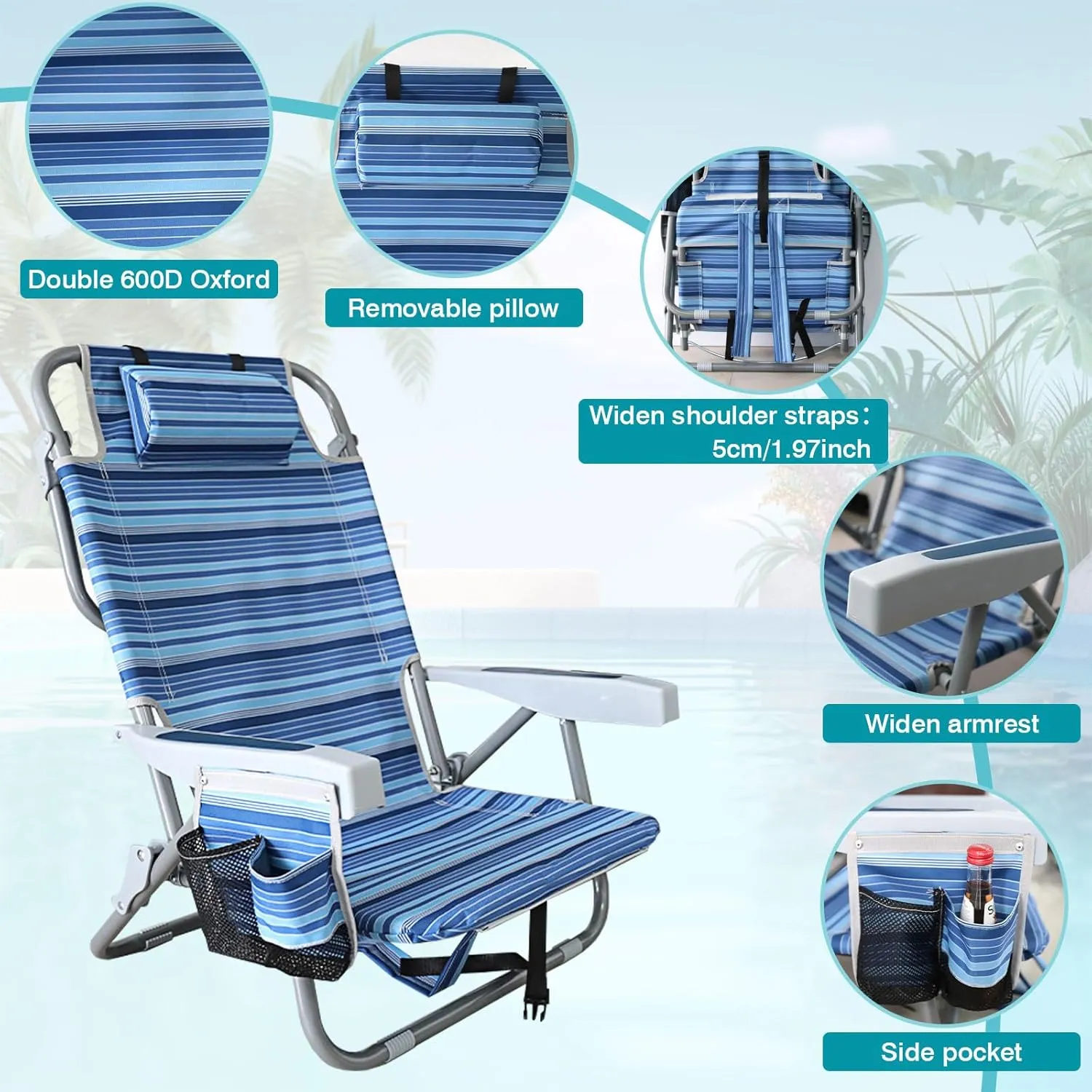 Backpack Folding Beach Chairs for Adults Heavy Duty 350Ibs with Camping Table Portable Lay Flat Beach Chair 5-Position Adjustable with Cooler Bag and Cup Holder