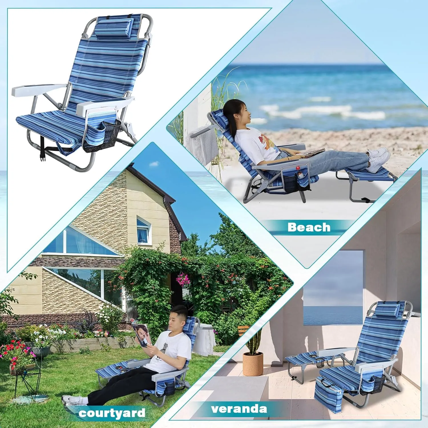 Backpack Folding Beach Chairs for Adults Heavy Duty 350Ibs with Camping Table Portable Lay Flat Beach Chair 5-Position Adjustable with Cooler Bag and Cup Holder