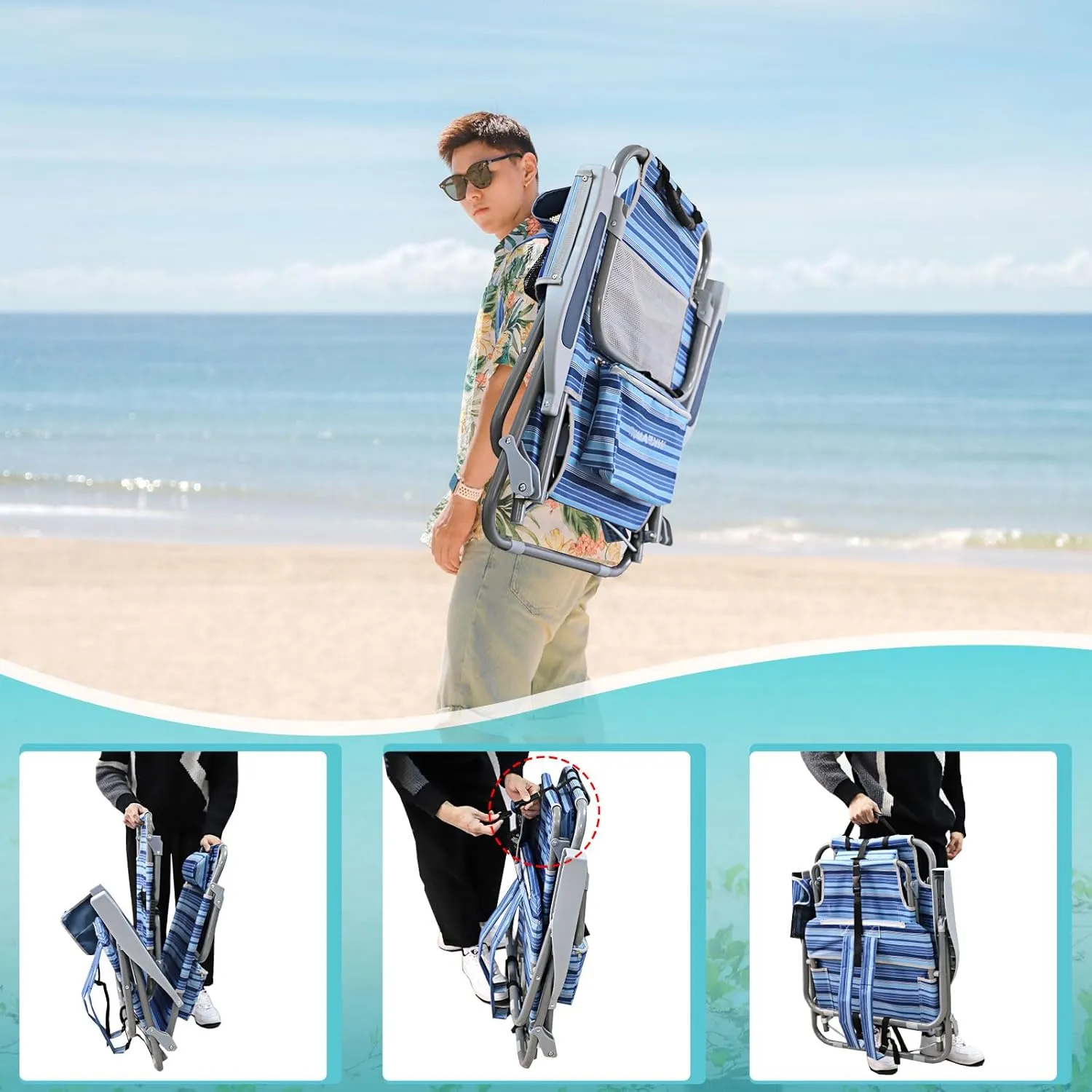 Backpack Folding Beach Chairs for Adults Heavy Duty 350Ibs with Camping Table Portable Lay Flat Beach Chair 5-Position Adjustable with Cooler Bag and Cup Holder