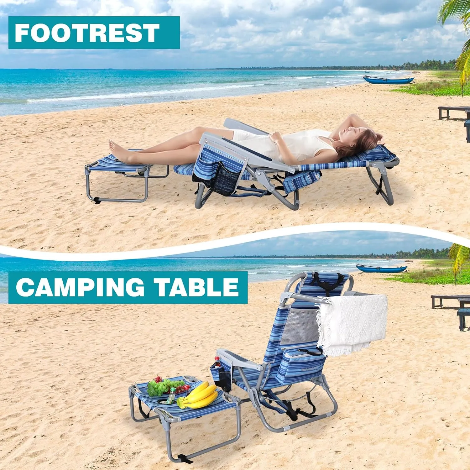 Backpack Folding Beach Chairs for Adults Heavy Duty 350Ibs with Camping Table Portable Lay Flat Beach Chair 5-Position Adjustable with Cooler Bag and Cup Holder