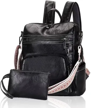 Backpack Purse for Women Large Ladies Backpack Vegan PU Leather Rucksack Purse Anti-theft Fashion Vintage Boho Casual Waterproof Shoulder Daypack Bags for Travel Work with Guitar Strap, Black