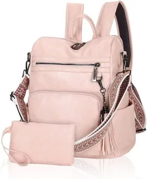 Backpack Purse for Women Large Ladies Backpack Vegan PU Leather Rucksack Purse Anti-theft Fashion Vintage Boho Casual Waterproof Shoulder Daypack Bags for Travel Work with Guitar Strap, Pink