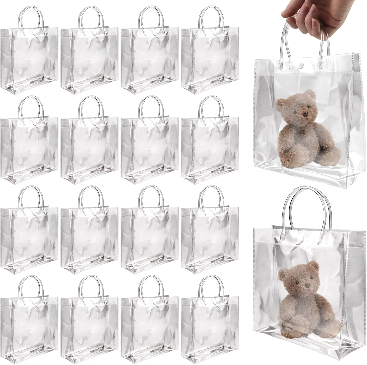 BadenBach 16 PCS Large Clear Gift Bags with Handle,11.02" x 11.02" x 3.94",Transparent Plastic Gift Wrap Tote Bag Big Reusable Clear Party Favor Goodie Bag for Boutique Wedding Birthday Mother's Day