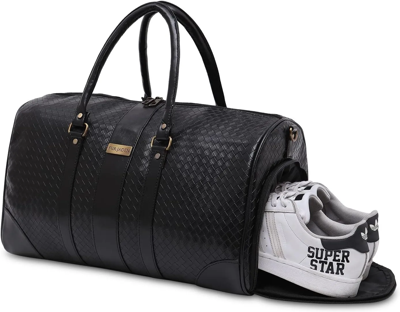 Bag Duffle Bag with Shoe Pocket for Travel for Men and Women Made of Weekender Textured Leatherette with Attachable Shoulder Strap Cabin Bag Black