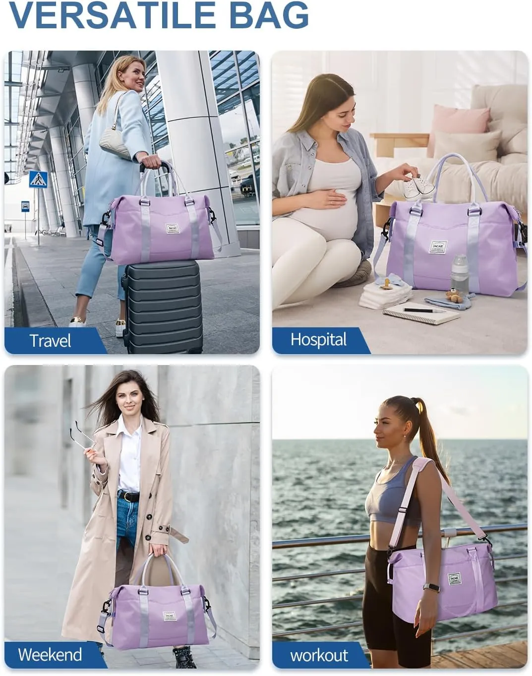 BAGAIL Travel Duffel Bag - Weekender & Overnight Gym Carry On Tote with Wet Pocket - Hospital Mom Bag for Labor and Delivery - Purple