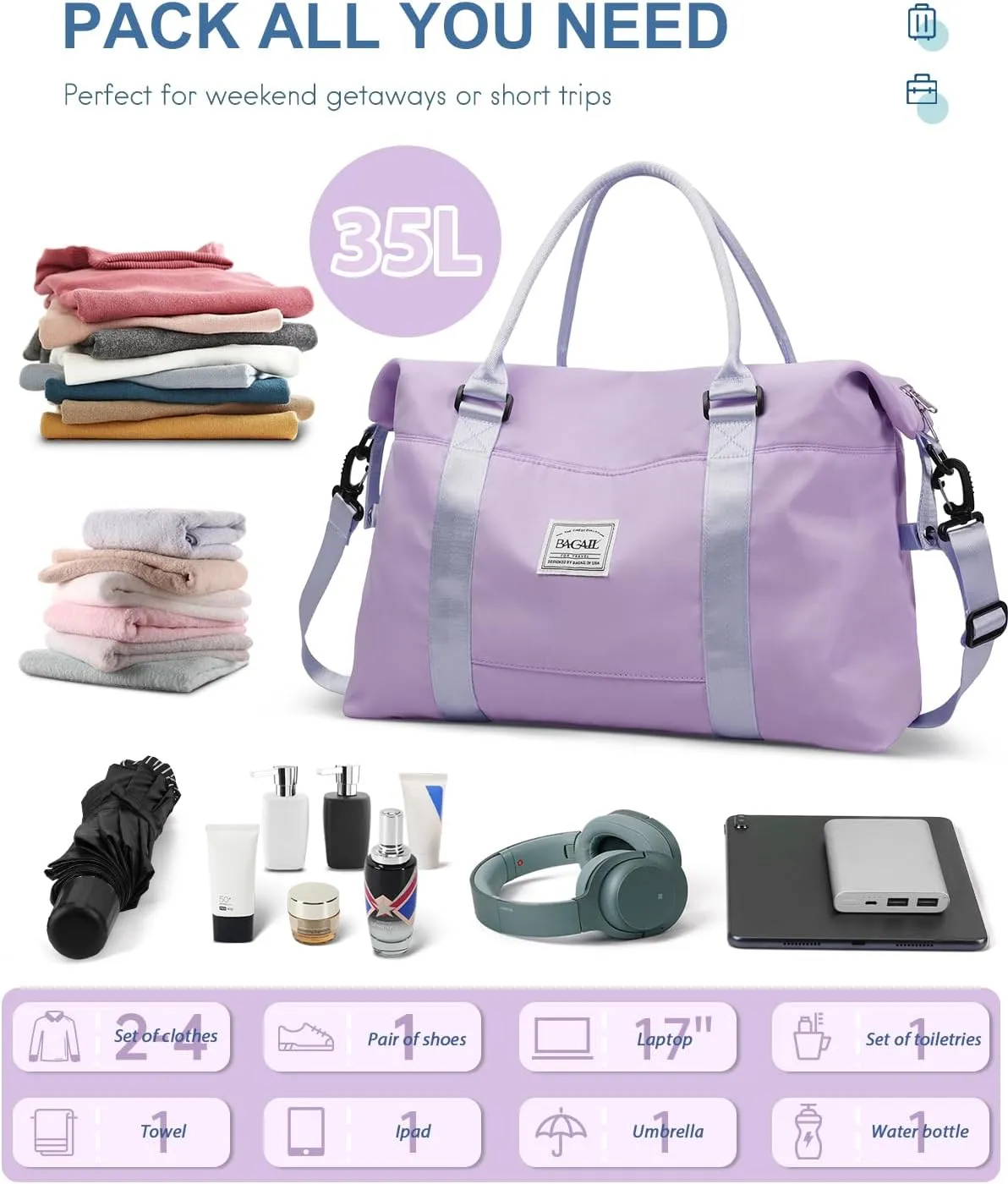 BAGAIL Travel Duffel Bag - Weekender & Overnight Gym Carry On Tote with Wet Pocket - Hospital Mom Bag for Labor and Delivery - Purple