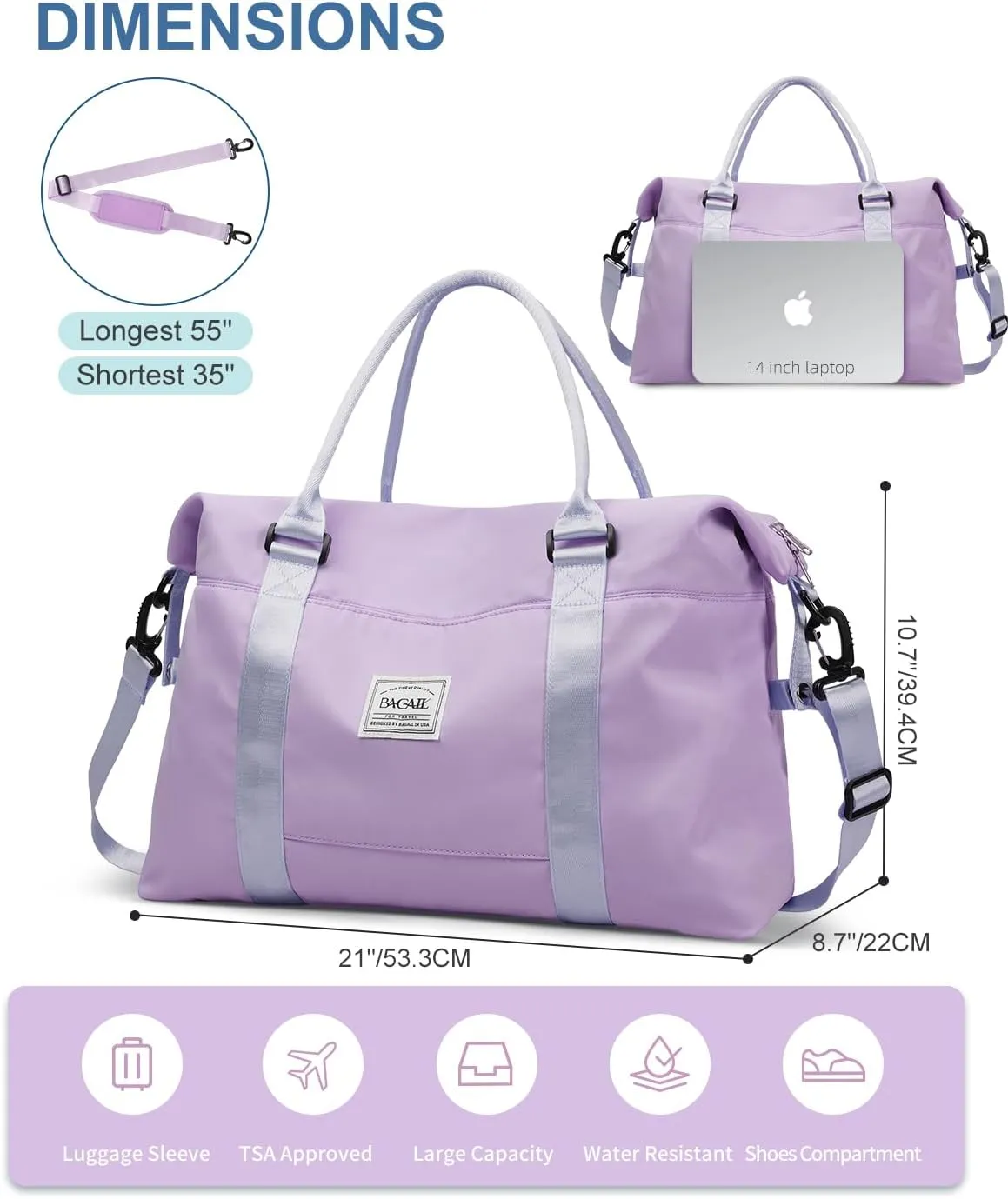 BAGAIL Travel Duffel Bag - Weekender & Overnight Gym Carry On Tote with Wet Pocket - Hospital Mom Bag for Labor and Delivery - Purple