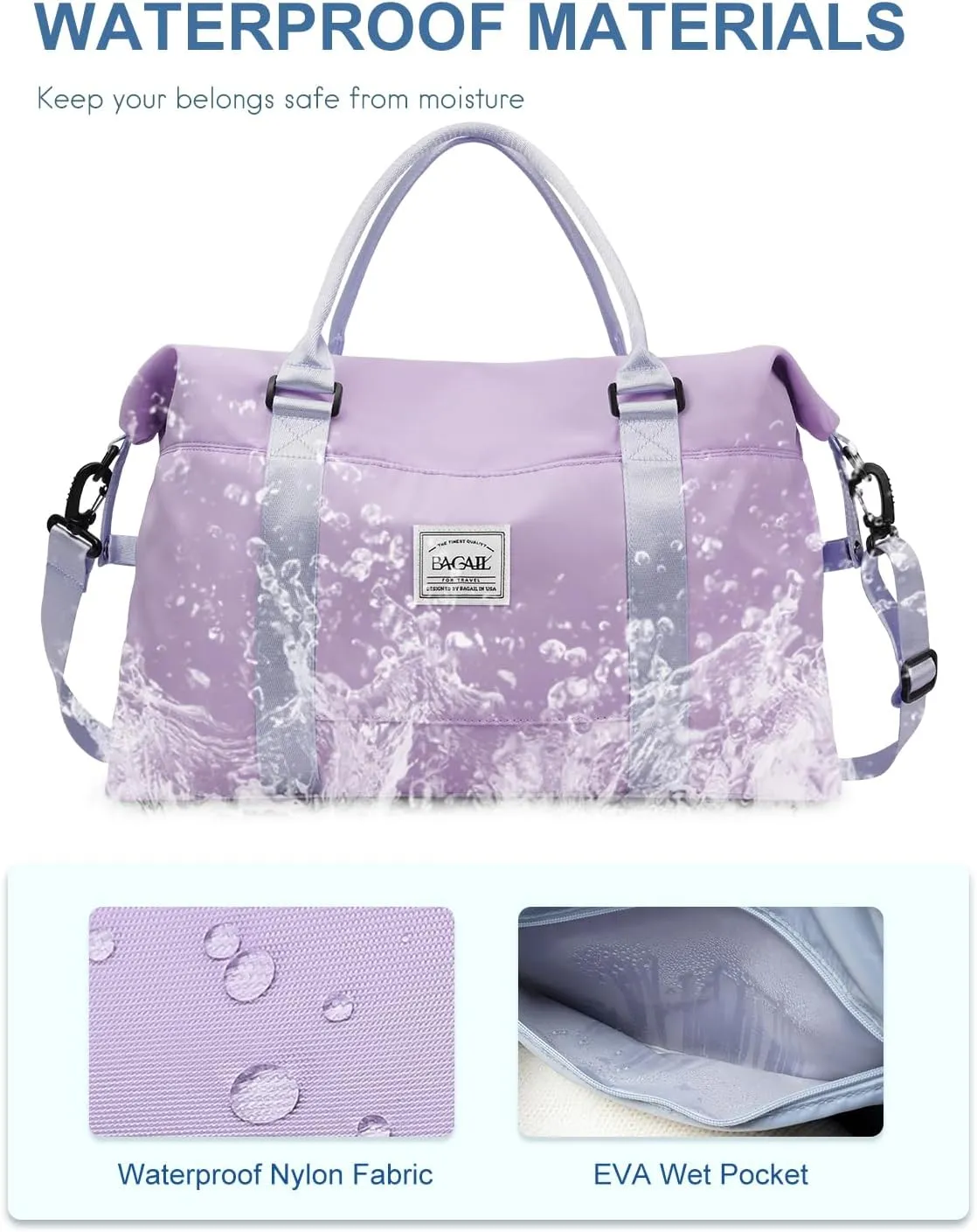 BAGAIL Travel Duffel Bag - Weekender & Overnight Gym Carry On Tote with Wet Pocket - Hospital Mom Bag for Labor and Delivery - Purple