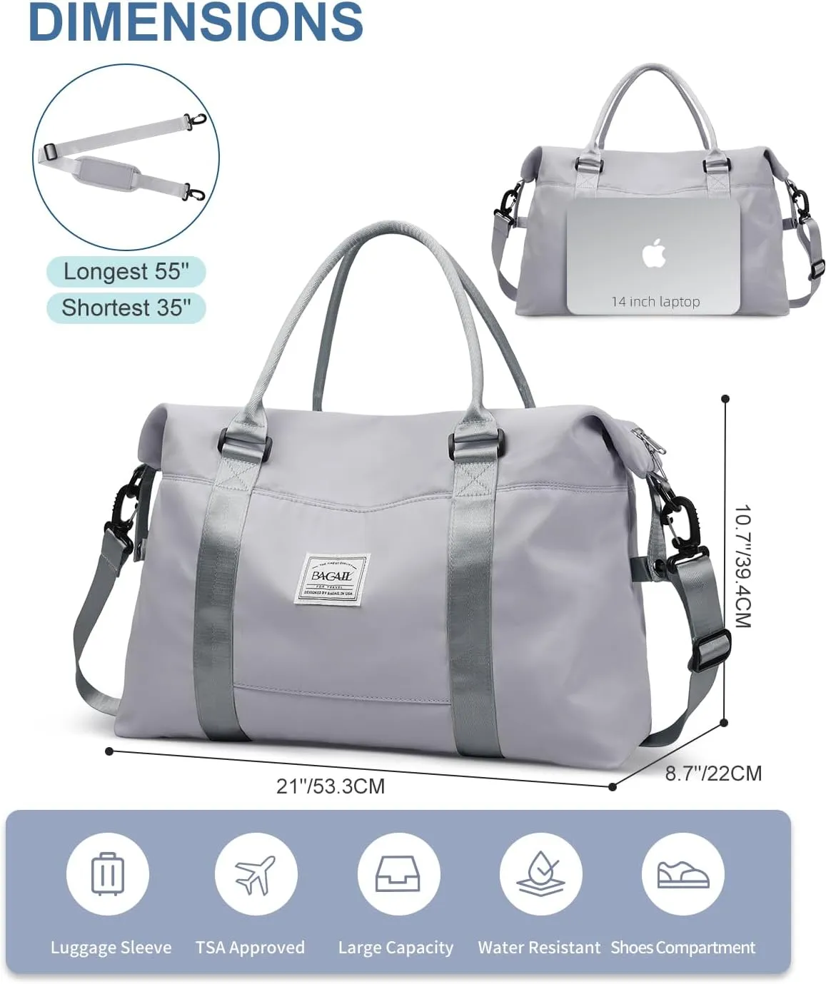 BAGAIL Travel Duffel Bag - Weekender & Overnight Gym Carry On Tote with Wet Pocket, Mom Bag for Labor and Delivery - Light Gray