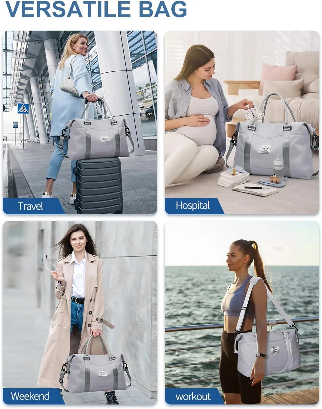 BAGAIL Travel Duffel Bag - Weekender & Overnight Gym Carry On Tote with Wet Pocket, Mom Bag for Labor and Delivery - Light Gray