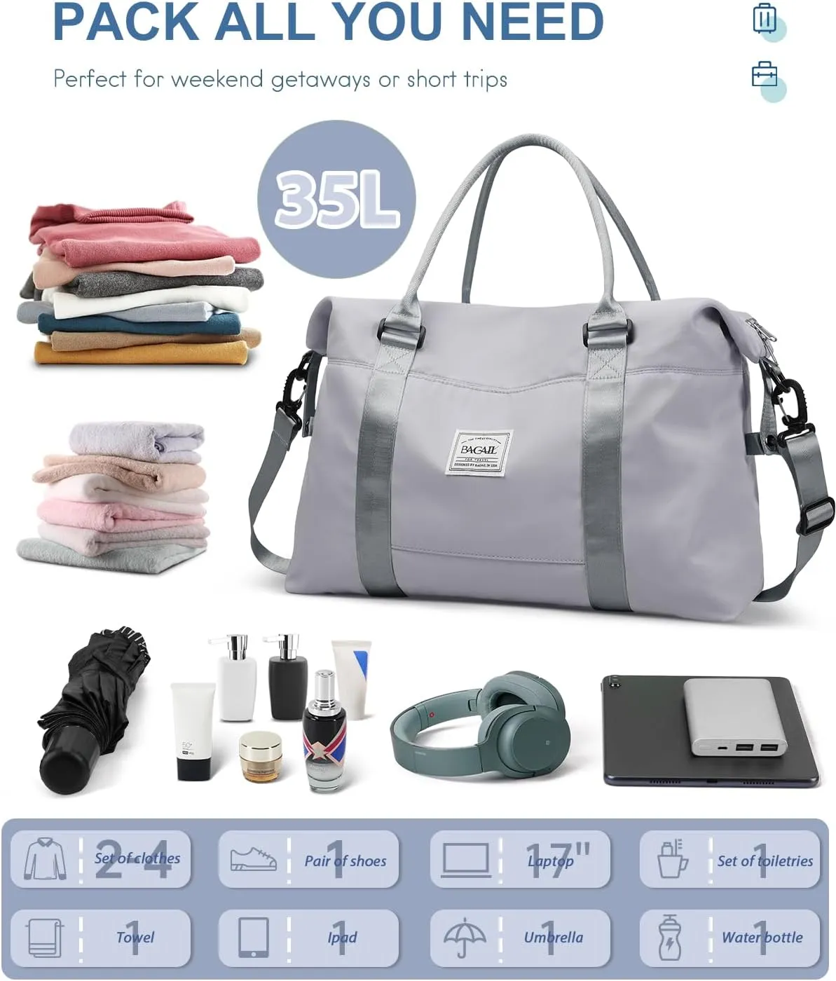 BAGAIL Travel Duffel Bag - Weekender & Overnight Gym Carry On Tote with Wet Pocket, Mom Bag for Labor and Delivery - Light Gray