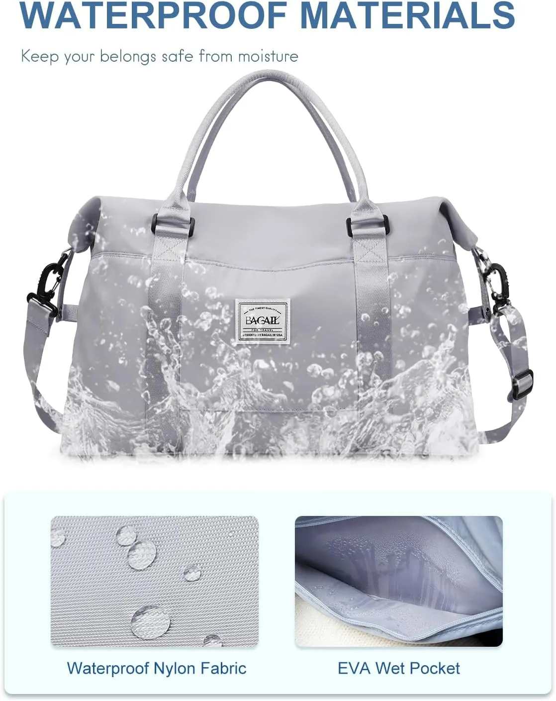 BAGAIL Travel Duffel Bag - Weekender & Overnight Gym Carry On Tote with Wet Pocket, Mom Bag for Labor and Delivery - Light Gray