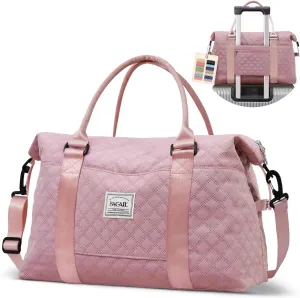 BAGAIL Travel Duffel Bag, Weekender Bags for Women, Overnight Gym Carry On Tote Bag with Wet Pocket, Hospital Mom Bag for Labor and Delivery - Grid-Pink