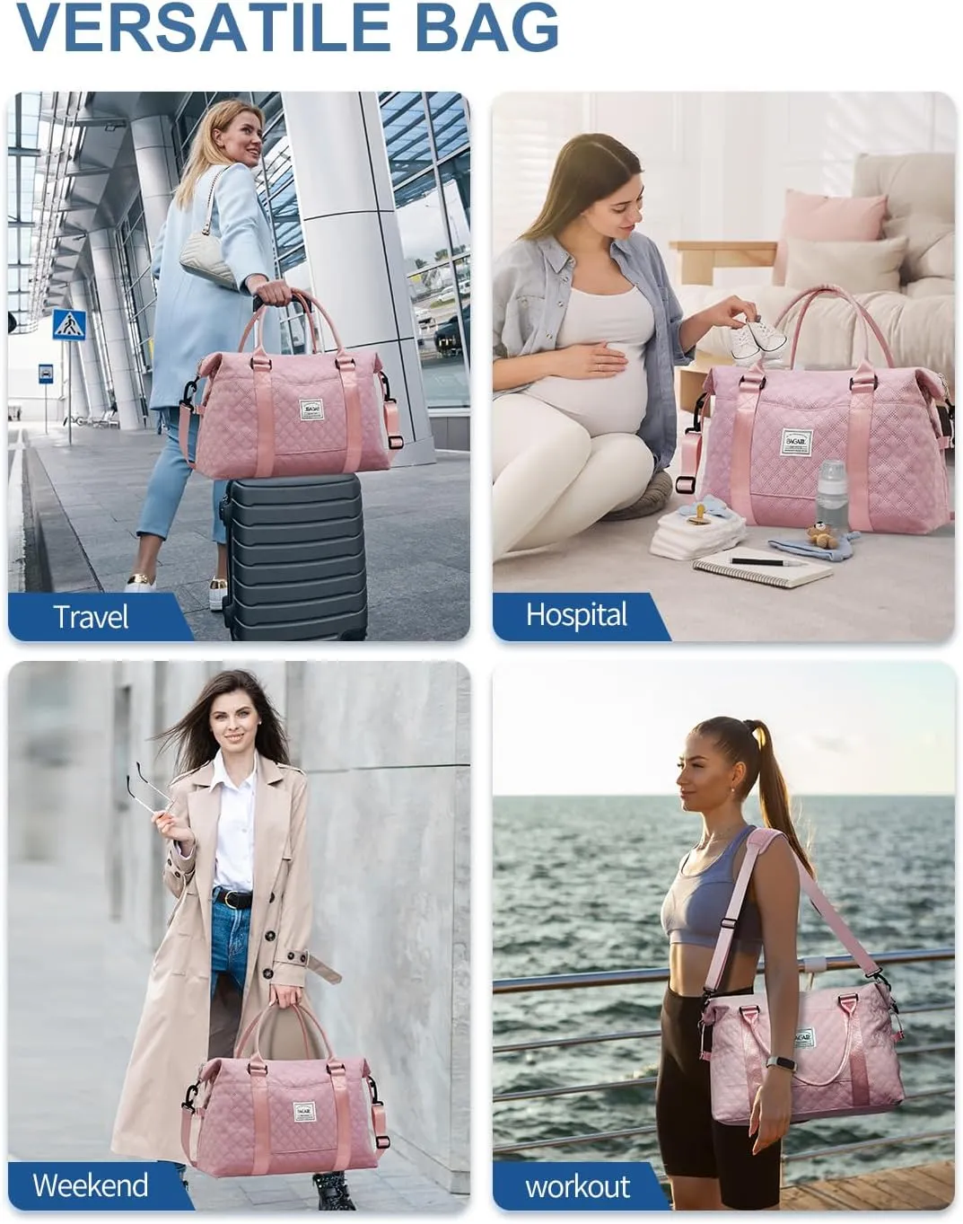 BAGAIL Travel Duffel Bag, Weekender Bags for Women, Overnight Gym Carry On Tote Bag with Wet Pocket, Hospital Mom Bag for Labor and Delivery - Grid-Pink