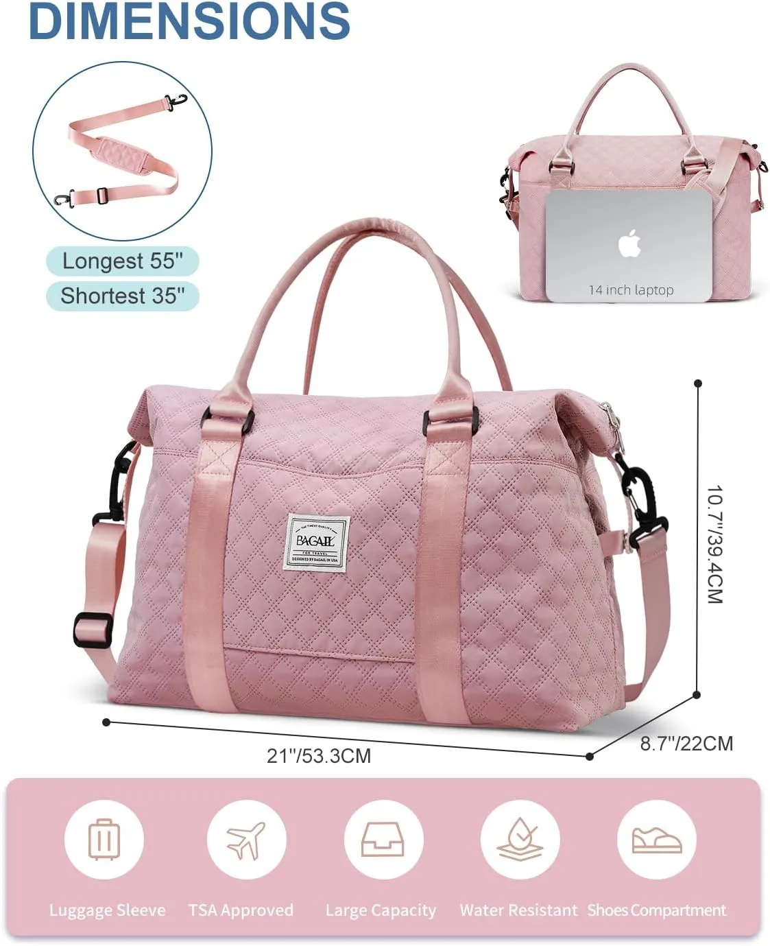 BAGAIL Travel Duffel Bag, Weekender Bags for Women, Overnight Gym Carry On Tote Bag with Wet Pocket, Hospital Mom Bag for Labor and Delivery - Grid-Pink
