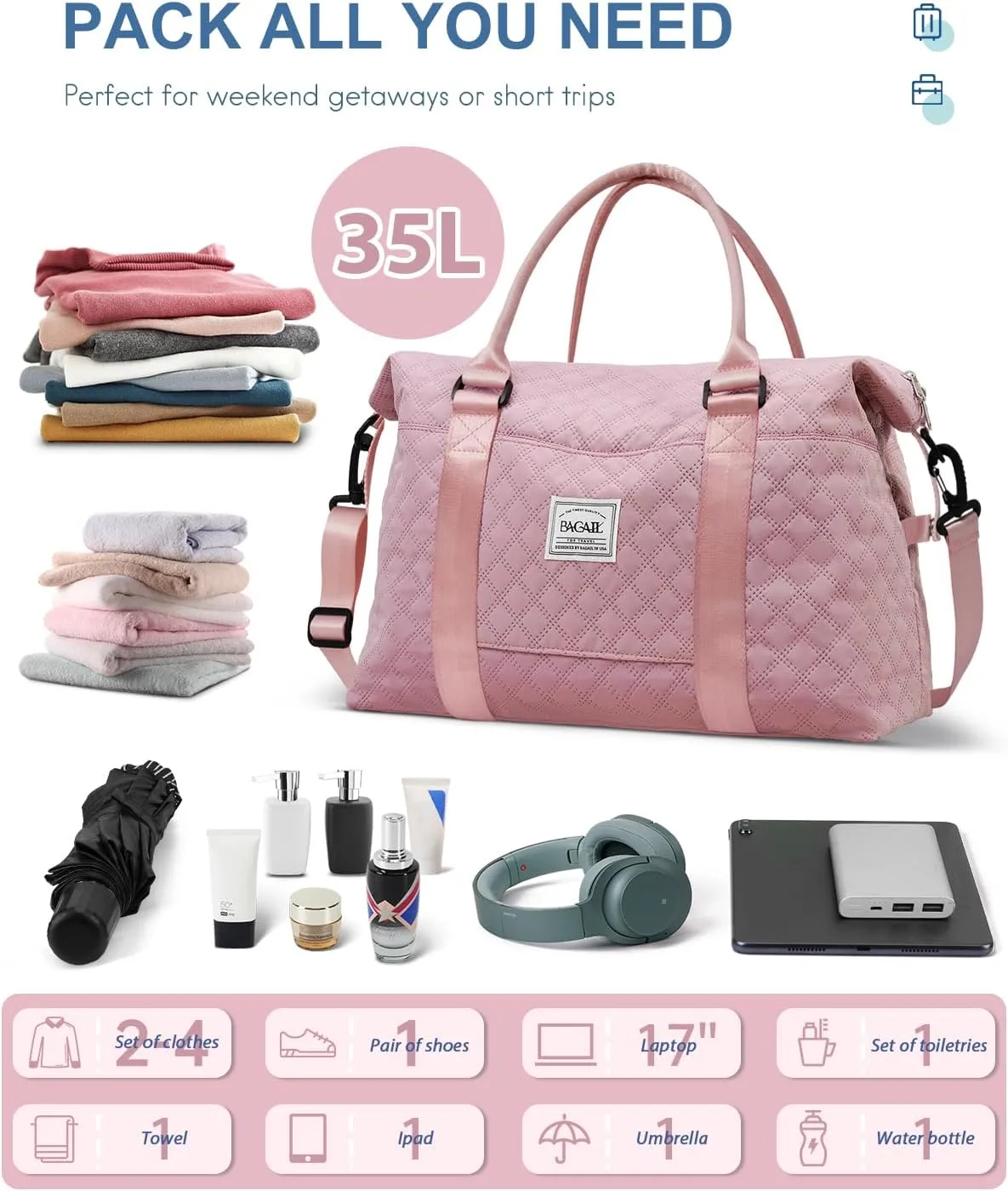 BAGAIL Travel Duffel Bag, Weekender Bags for Women, Overnight Gym Carry On Tote Bag with Wet Pocket, Hospital Mom Bag for Labor and Delivery - Grid-Pink